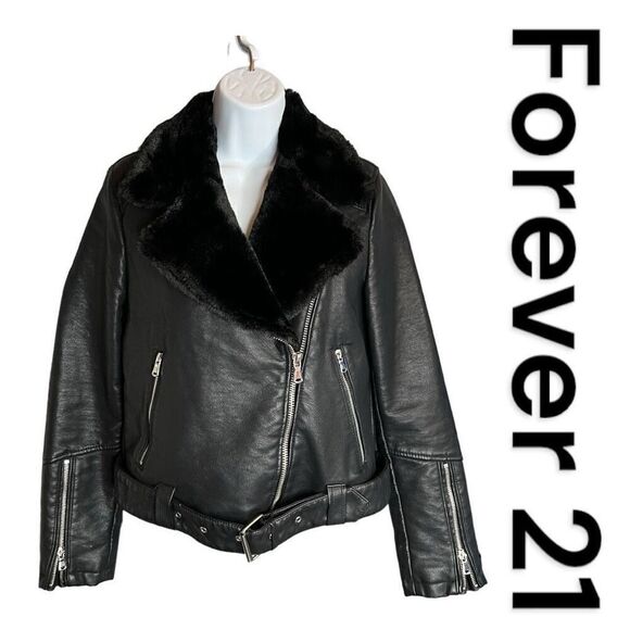 Forever 21 Women's Faux Fur Collar Biker Leather Motorcycle Jacket Black  Small - Picture 1 of 10